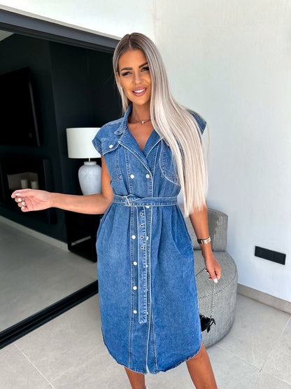 Women's Denim Shirt Dress Seven Quarter Sleeve Loose Casual Spring Dress in Medium Denim Blue - product view