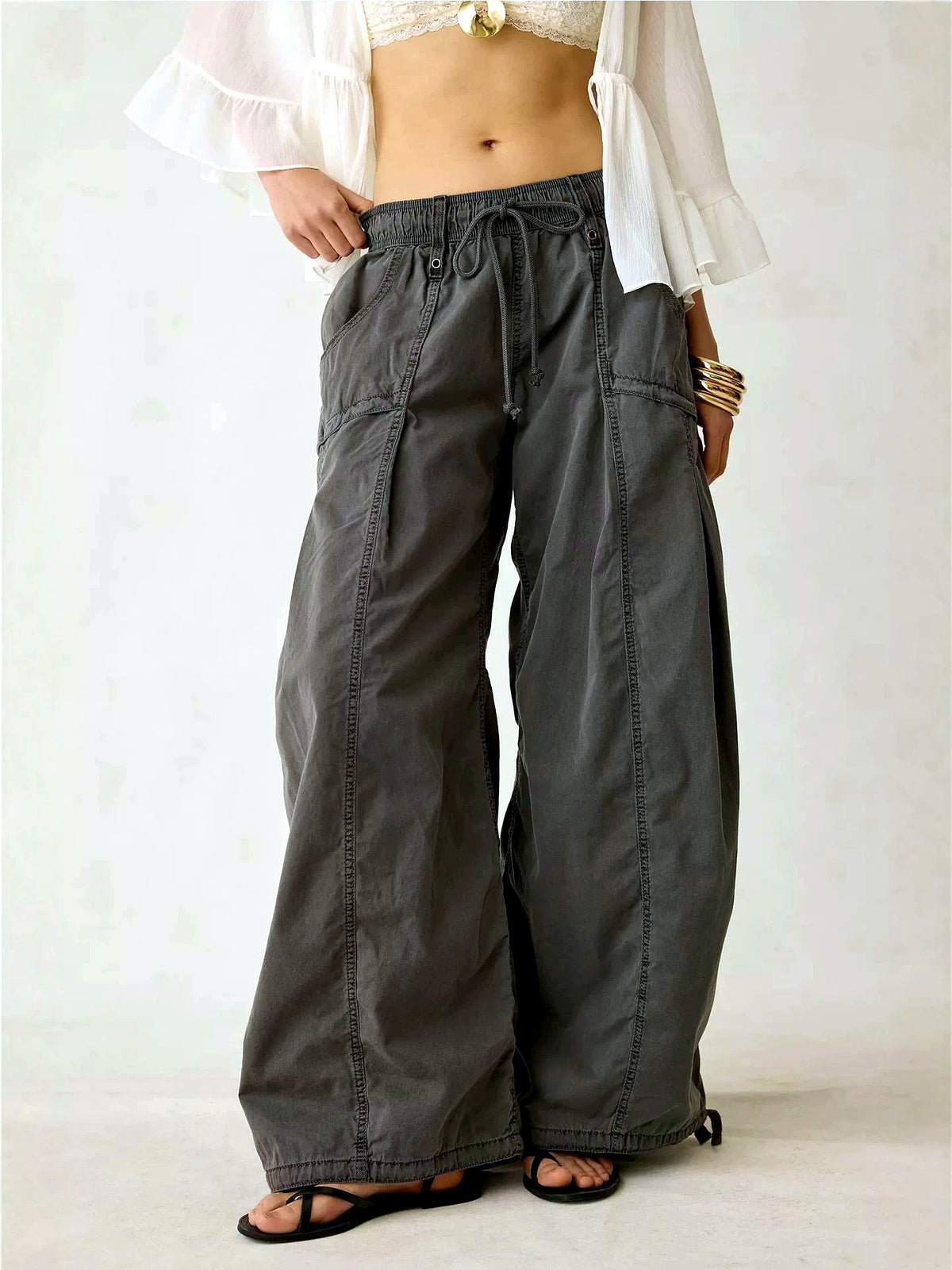 Women's Elastic Waist Wide Leg Pants Loose Casual Fall Winter Trousers in Black - product view