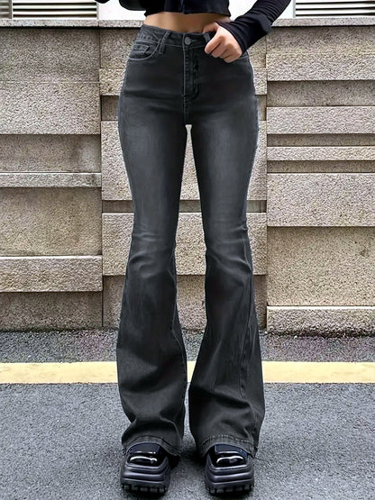 Women's Washed Denim Distressed Slim-Fit Straight-Leg Flared Jeans - product detail view 1