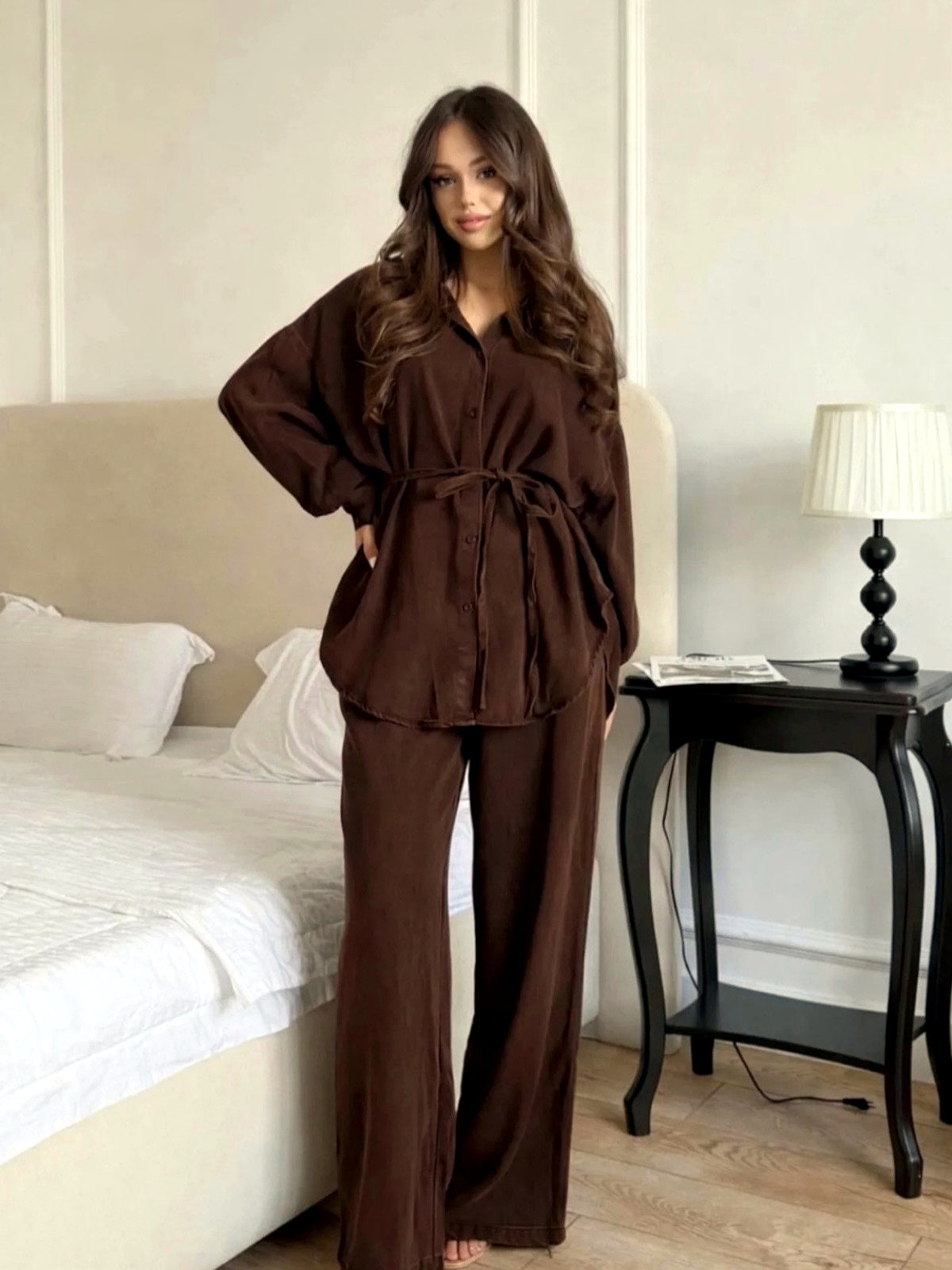 Women's Belted Button-Front Denim Shirt & Wide-Leg Pants Set in Coffee Brown - product view