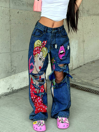 Women's Washed Denim High-Waist Wide-Leg Jeans in Dark Blue - product view