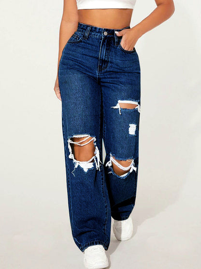 Denim Relaxed-Fit High-Waist Straight-Leg Pocket Streetwear Jeans in Dark Blue - product view