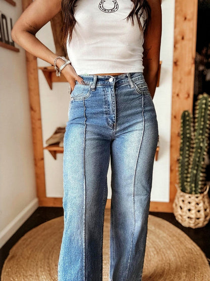 Women's Washed Straight Leg Jeans Mid Rise Loose Denim Pants in Blue - product view