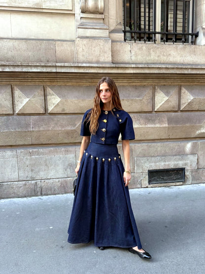 Women's Metal-Button Tie-Front Denim Top & Maxi Skirt Set in Dark Blue - product view
