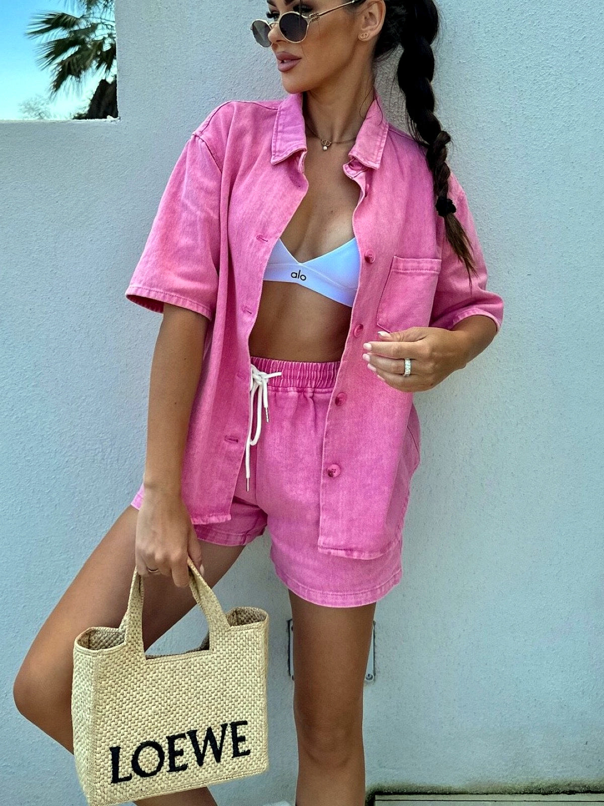 Women's High Waist Distressed Denim Bermuda Shorts Raw Hem Ripped Jeans Shorts in Rose Red - product view