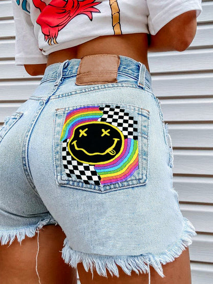 Women's Denim Printed Distressed Relaxed-Fit Mid-Rise Streetwear Shorts in Light Blue - product view