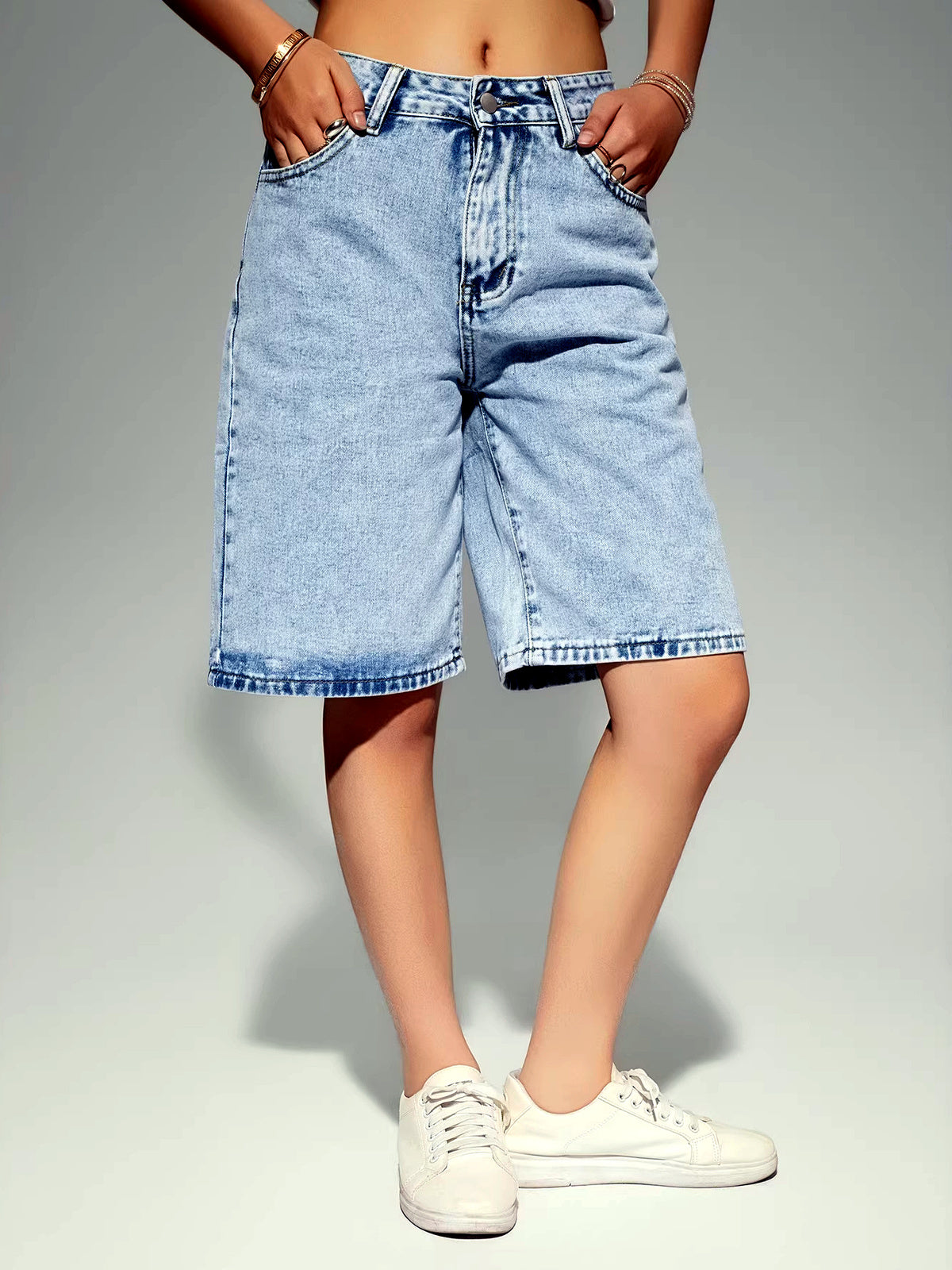 Women's Washed Denim Solid-Color Distressed Relaxed-Fit High-Waist Shorts in Light Blue - product view