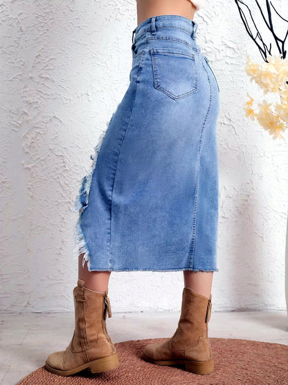 Women's Denim Distressed Stretch Asymmetric Slit Midi Skirt - product detail view 1