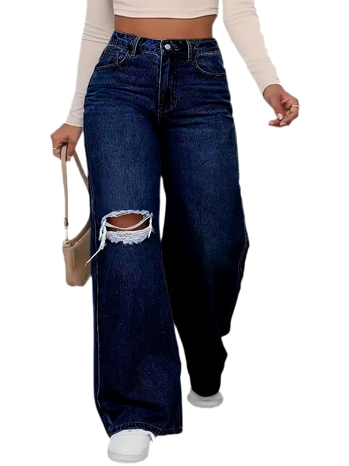 Women's Denim Printed Distressed High-Waist Wide-Leg Straight-Leg Jeans in Dark Blue - product view