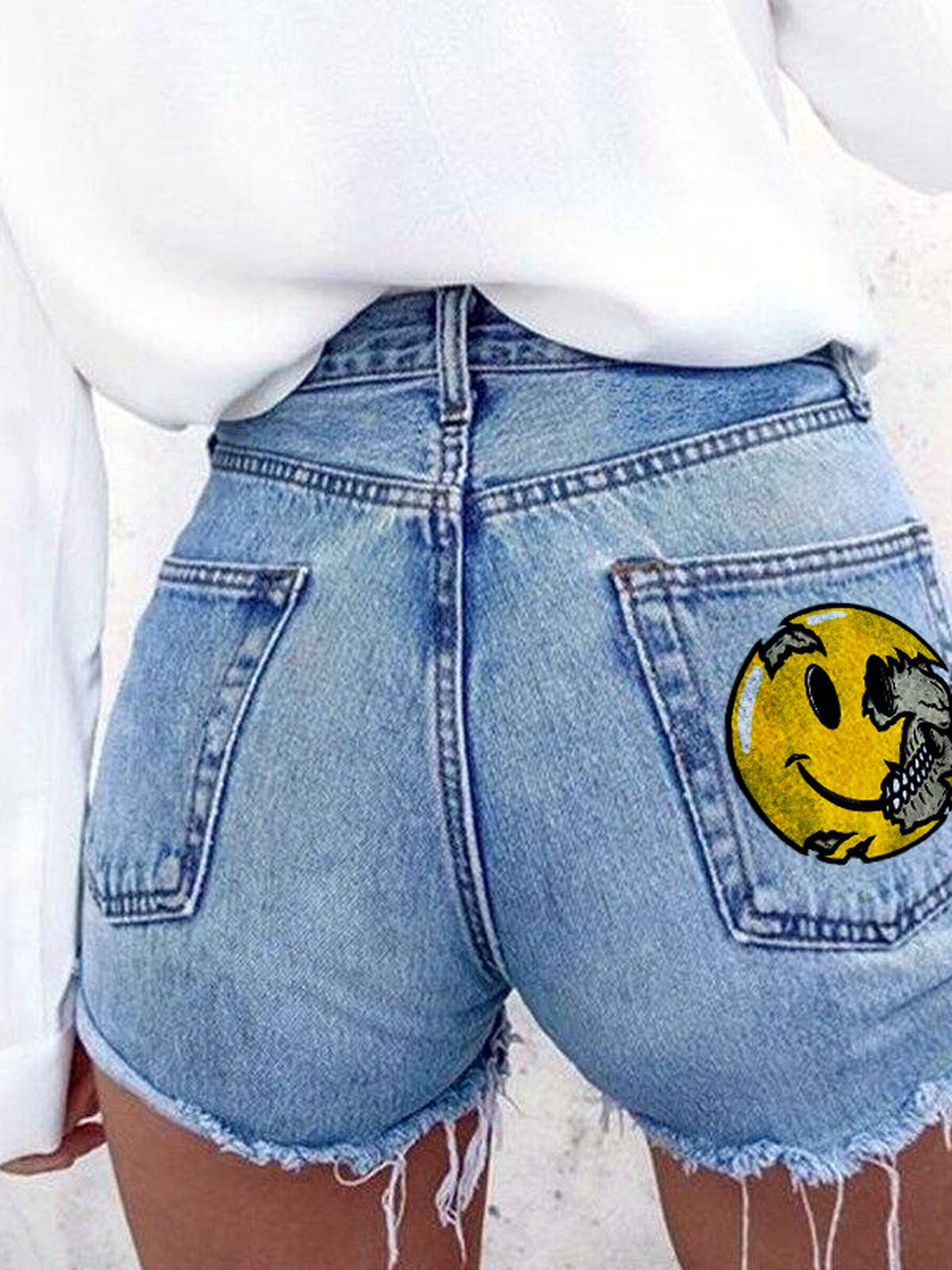 Denim Printed Relaxed-Fit Mid-Rise Streetwear Shorts in Light Blue - product view