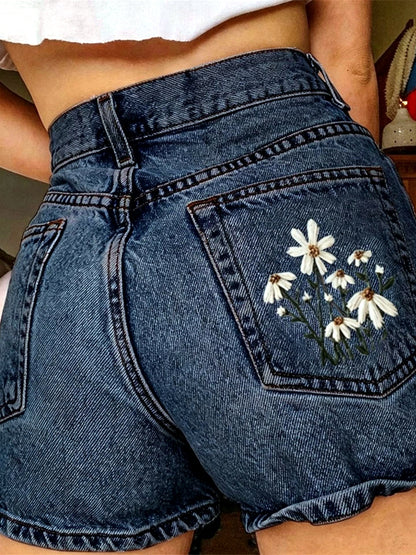 Women's Denim Printed Relaxed-Fit Mid-Rise Vintage-Inspired Shorts in Dark Blue - product view