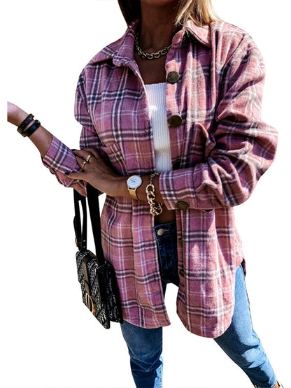 Women's Plaid Point-Collar Patchwork Relaxed-Fit Long-Sleeve Woven-Panel Cardigan in Pink - product view