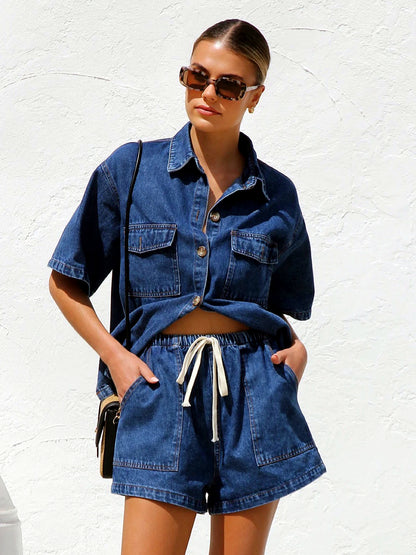 Women's Relaxed Short Sleeve Button-Up Shirt & Drawstring Shorts Two-Piece Set in Dark Blue - product view