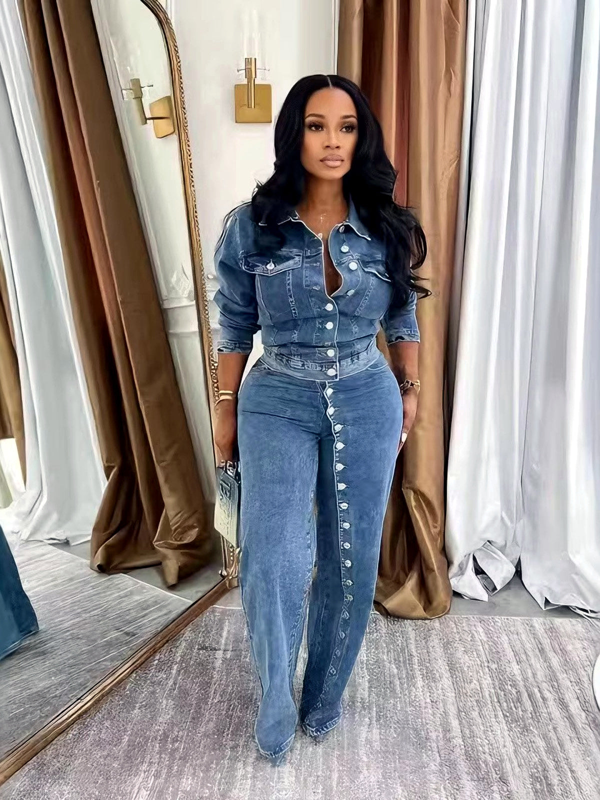 Women's Denim Button-Front Washed Two-Piece Set in Blue - product view