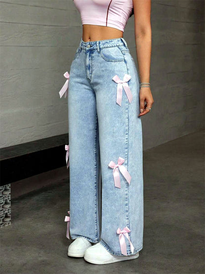 Women's Washed Denim Wide-Leg Jeans in Light Blue - product view