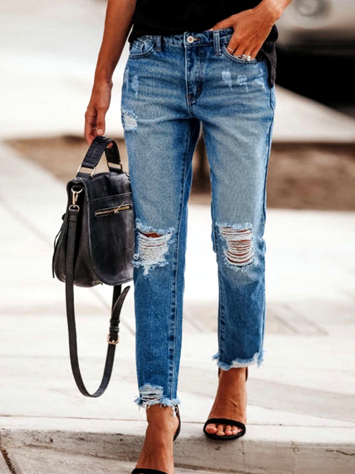 Women's Denim Distressed Mid-Rise Straight-Leg Pants in Dark Blue - product view