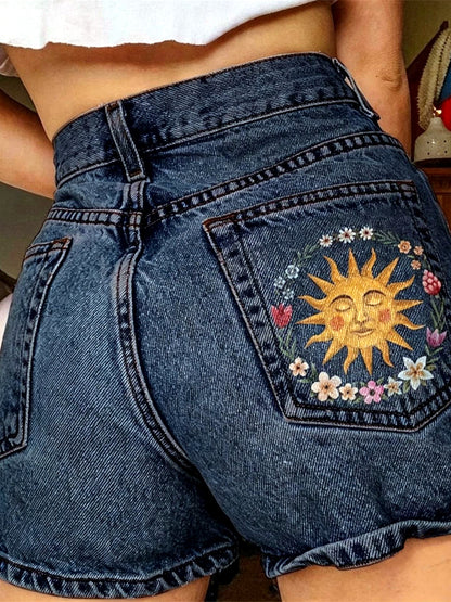 Women's Denim Printed Relaxed-Fit Mid-Rise Office Shorts in Dark Blue - product view