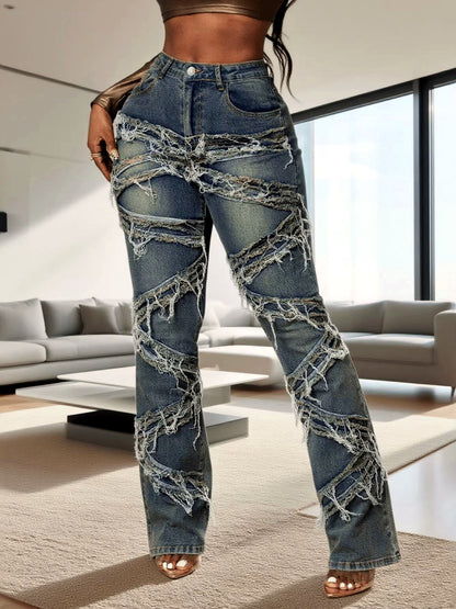 Washed Denim Patchwork Distressed Raw-Hem Slim-Fit Pants - product detail view 1