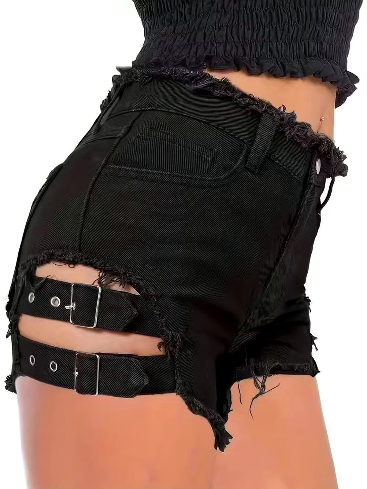 Women's Washed Denim Patchwork Solid-Color Distressed Raw-Hem Shorts - product detail view 1