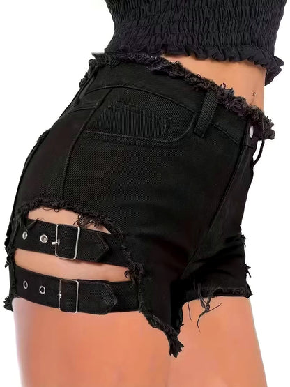 Women's Washed Denim Patchwork Solid-Color Distressed Raw-Hem Shorts - product detail view 1