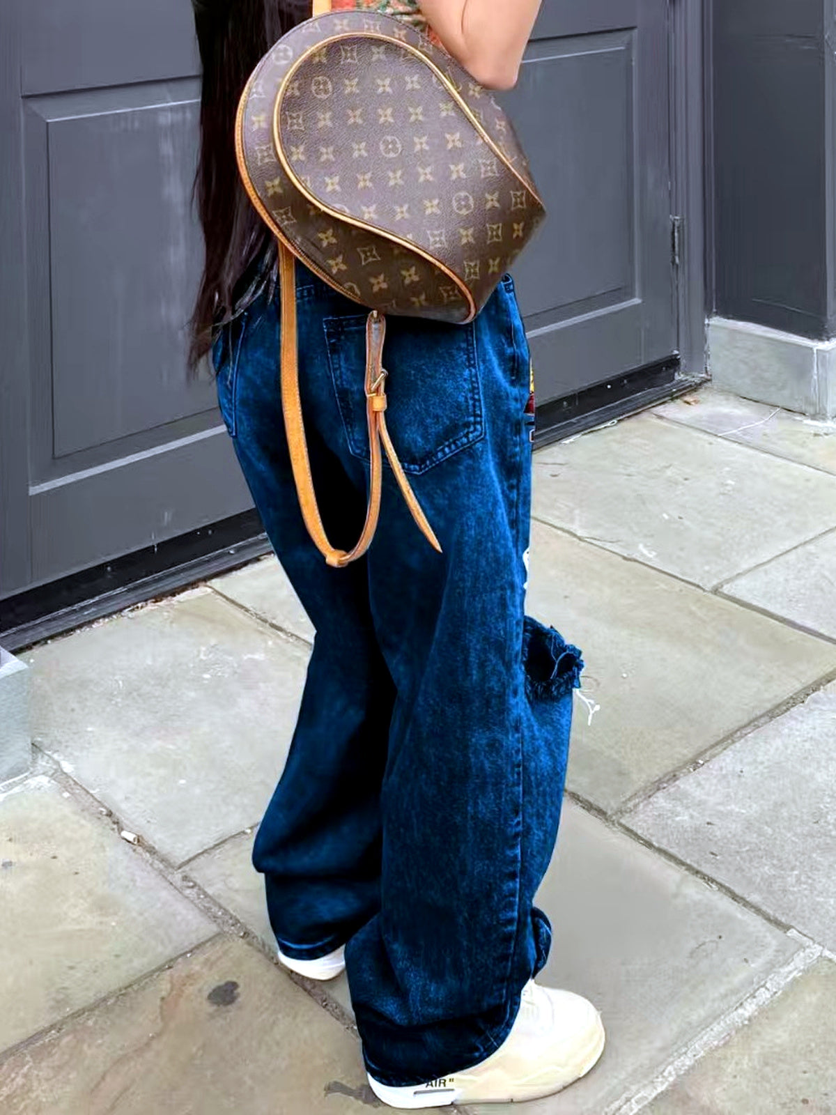 Women's Denim Printed High-Waist Straight-Leg Pocket Streetwear Pants in Dark Blue - product view