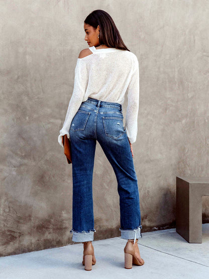 Women's Washed Straight Leg Jeans Mid Rise Loose Denim Pants - product detail view 1
