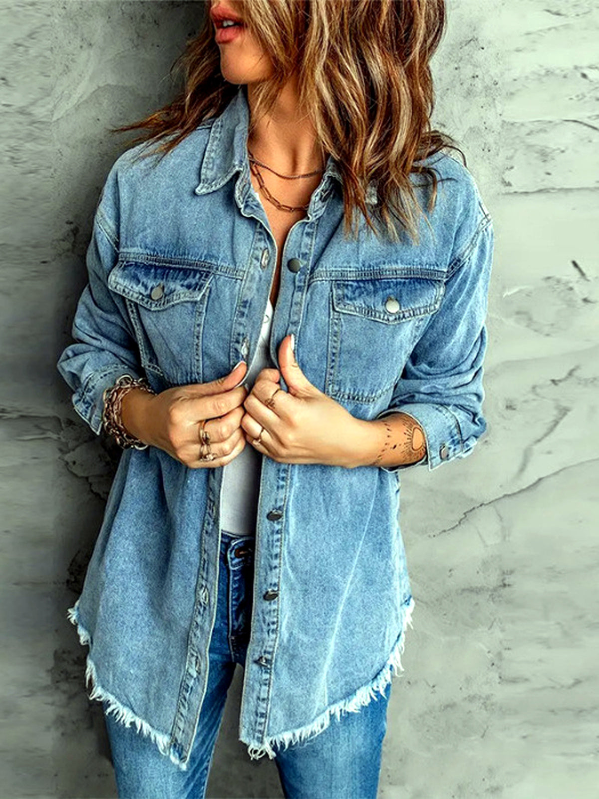 Women's Denim Raw-Hem Relaxed-Fit Slim-Fit Straight-Leg Long-Sleeve Polo Shirt in Light Blue - product view