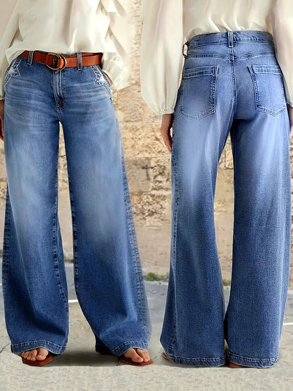 Women's Washed Stretch Denim Mid-Rise Wide-Leg Jeans - product detail view 1