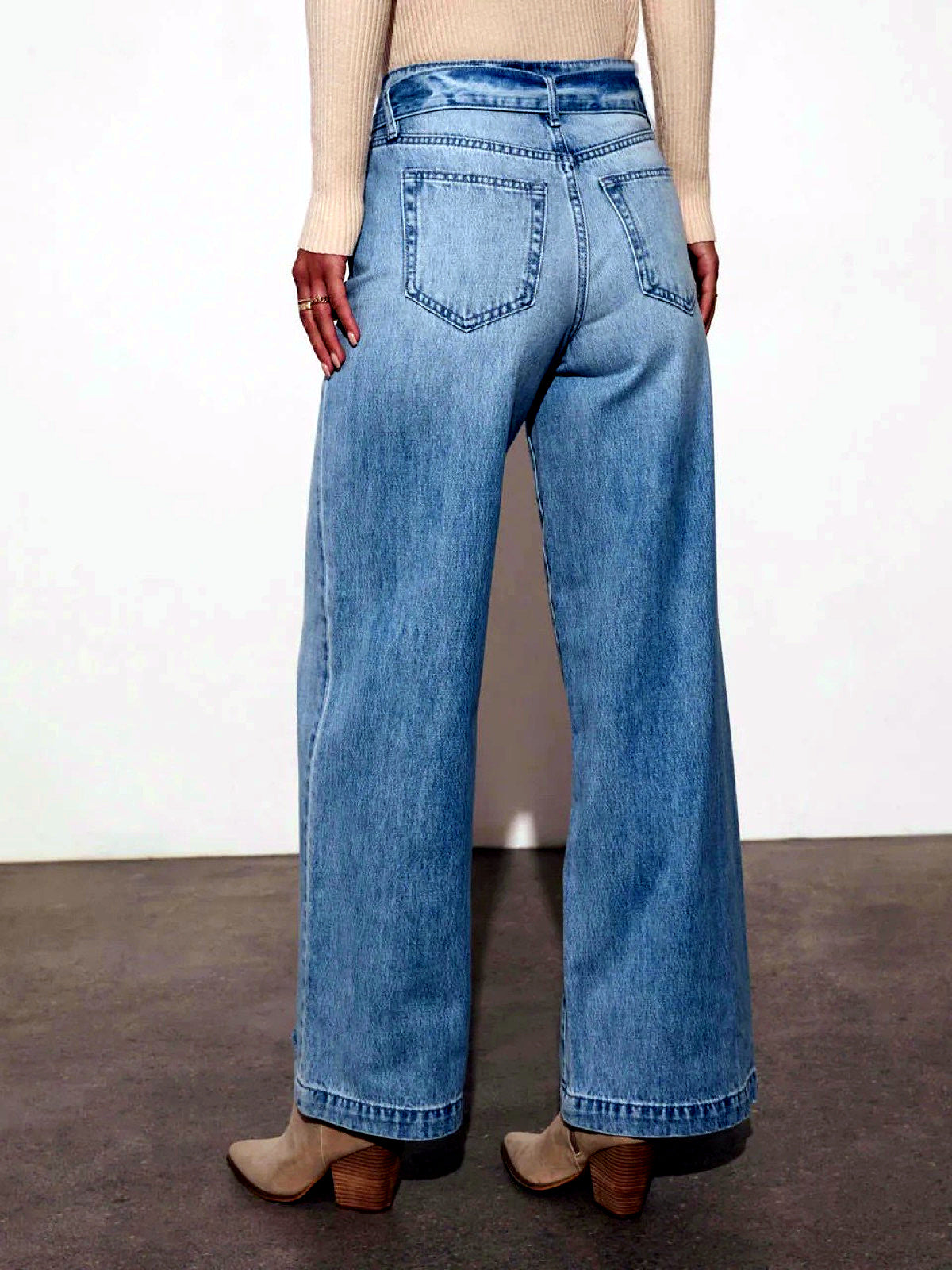 Women's Washed Denim High-Waist Tie-Belt Wide-Leg Jeans - product detail view 1