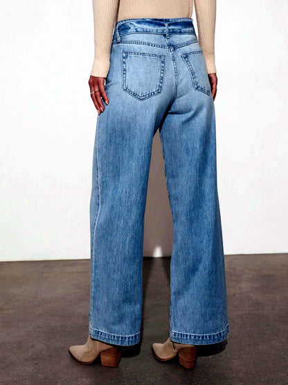 Women's Washed Denim High-Waist Tie-Belt Wide-Leg Jeans - product detail view 1