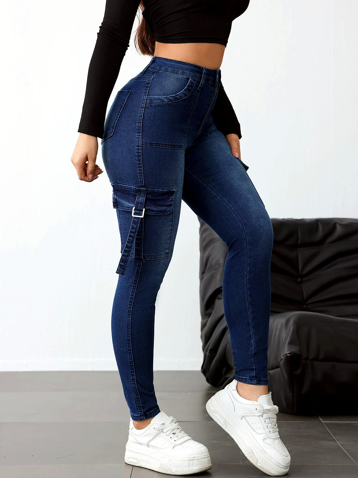 Women's Washed Denim Solid-Color Distressed Slim-Fit Mid-Rise Jeans - product detail view 1