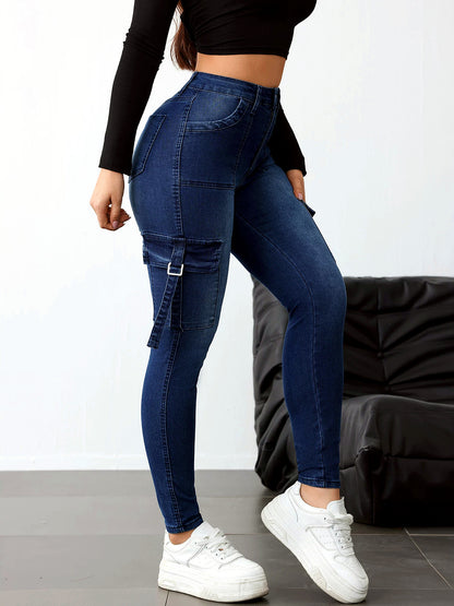 Women's Washed Denim Solid-Color Distressed Slim-Fit Mid-Rise Jeans - product detail view 1