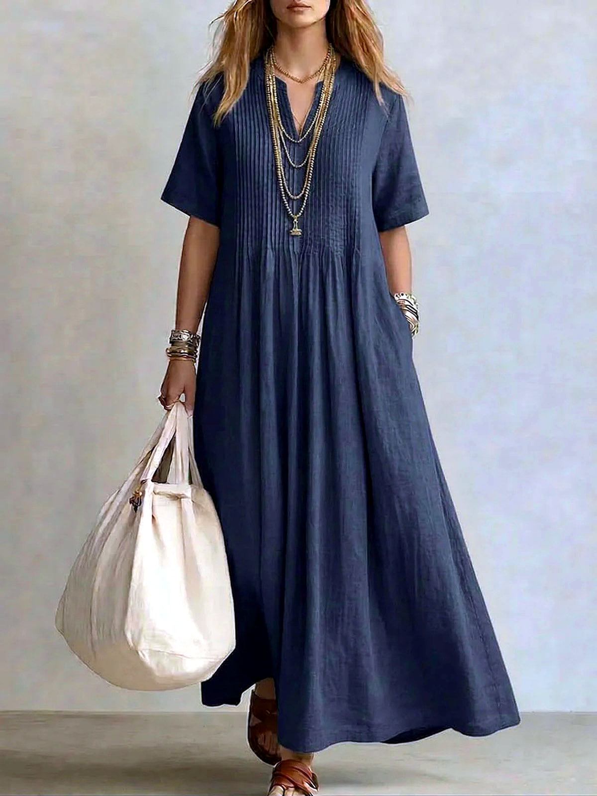 Women's Linen-Blend Solid-Color V-Neck Patchwork Relaxed-Fit Short-Sleeve Dress in Blue - product view