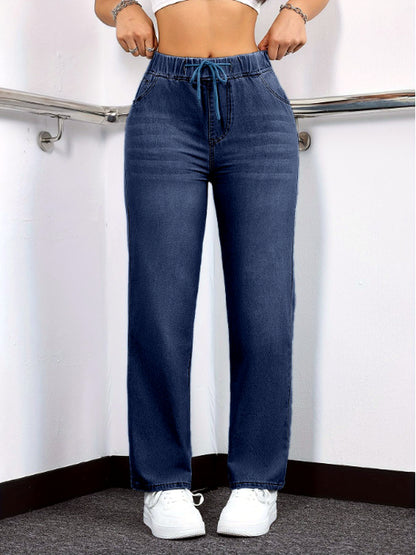 Women's Washed Stretch Denim Straight-Leg Jeans in Dark Blue - product view