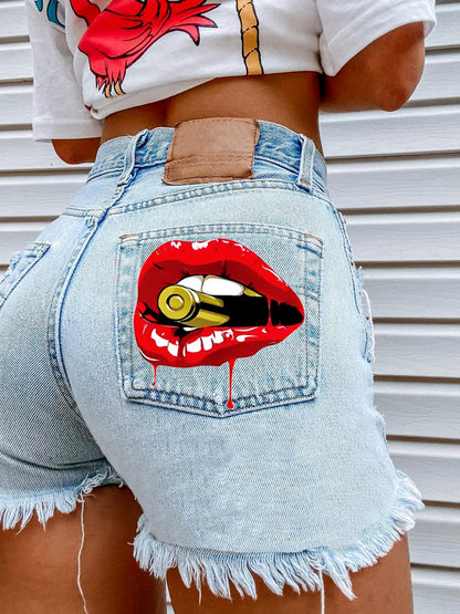 Denim Printed Mid-Rise Straight-Leg Streetwear Shorts in Light Blue - product view
