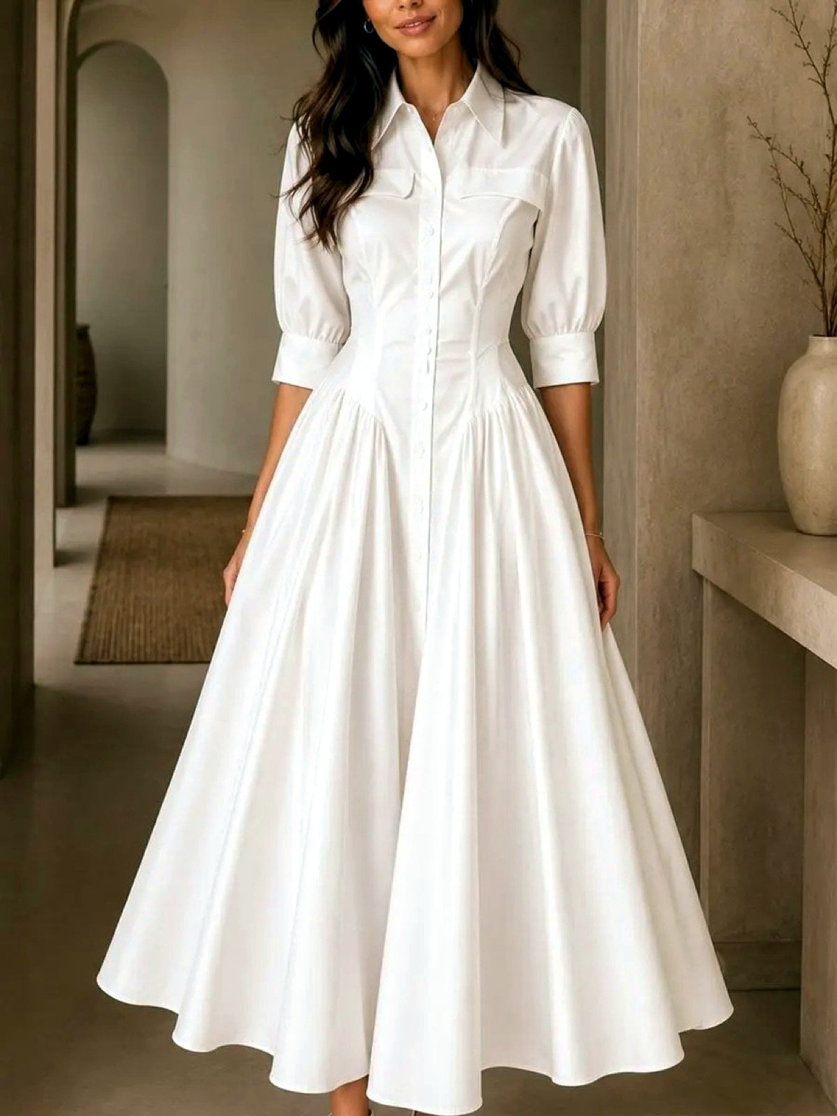 Linen-Blend Solid-Color Pocket High-Waist Dress in White - product view