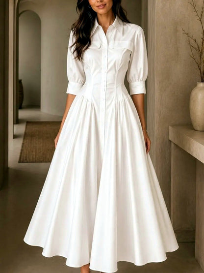Linen-Blend Solid-Color Pocket High-Waist Dress in White - product view