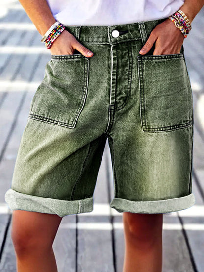 Women's Washed Denim Distressed Stretch Mid-Rise Straight-Leg Jeans in Army Green - product view