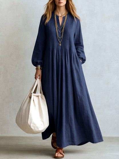 Women's Linen-Blend Solid-Color V-Neck Patchwork Relaxed-Fit Long-Sleeve Dress in Blue - product view