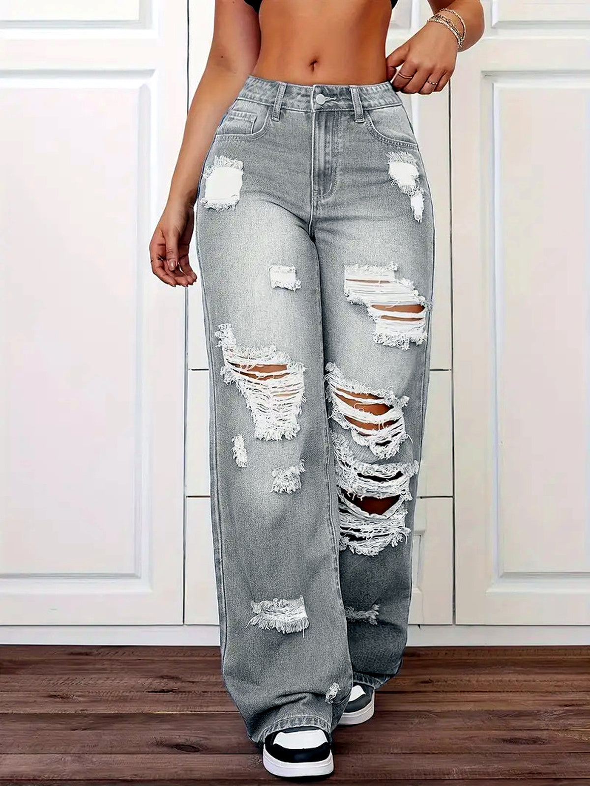 Women's Washed Denim Distressed High-Waist Straight-Leg Vintage-Inspired Jeans in Gray - product view