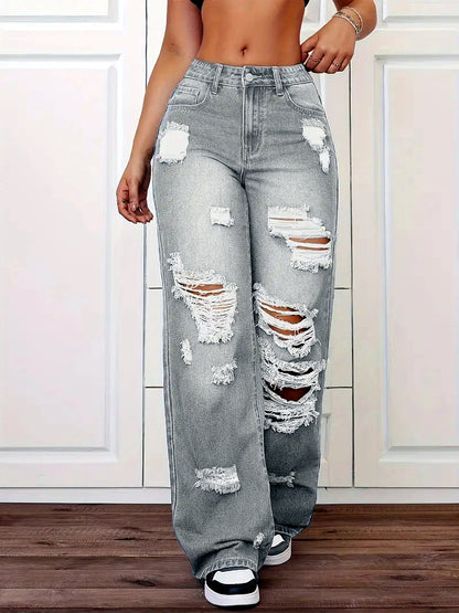 Women's Washed Denim Distressed High-Waist Straight-Leg Vintage-Inspired Jeans in Gray - product view