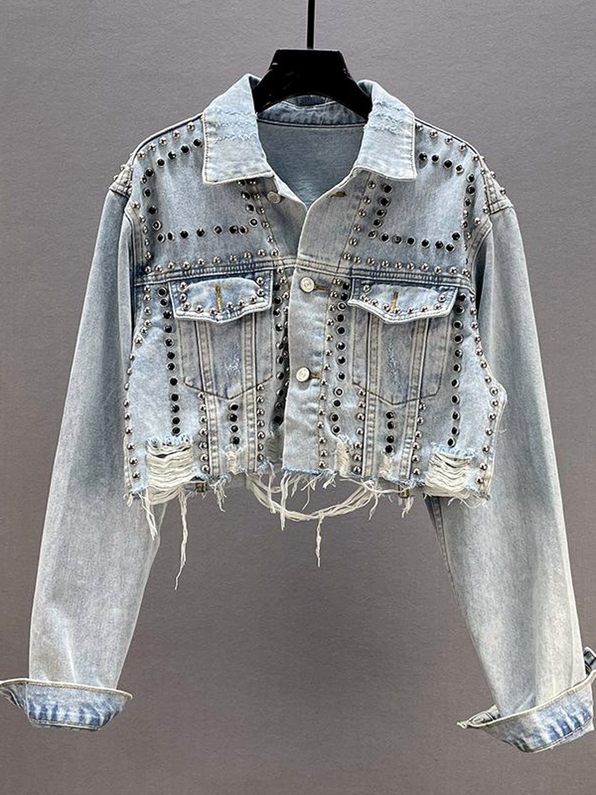 Women's Denim Point-Collar Long-Sleeve Office Jacket in Light Blue - product view