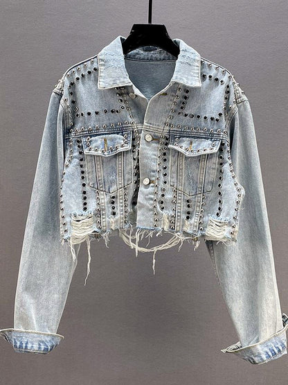 Women's Denim Point-Collar Long-Sleeve Office Jacket in Light Blue - product view
