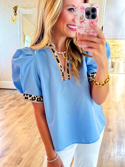 V-Neck Patchwork Short-Sleeve Longline Mid-Length Shirt in Blue - product view