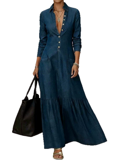 Women's Denim Solid-Color Patchwork Button-Front Slim-Fit Long-Sleeve Skirt - product detail view 1