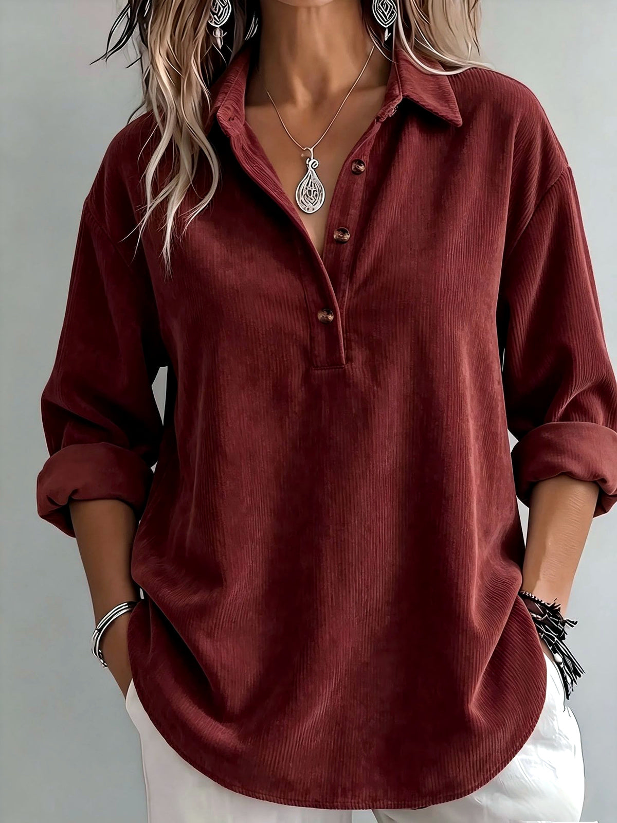 Women's Corduroy Solid-Color Stretch Relaxed-Fit Point-Collar Long-Sleeve Shirt in Burgundy - product view