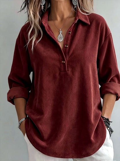 Women's Corduroy Solid-Color Stretch Relaxed-Fit Point-Collar Long-Sleeve Shirt in Burgundy - product view