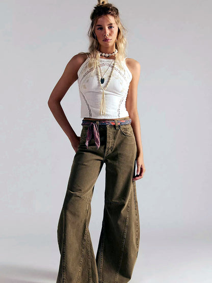 Women's Denim High-Waist Wide-Leg Vintage-Inspired Washed Straight-Leg Relaxed-Fit Jeans in Khaki - product view