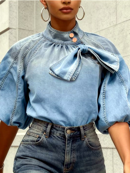 Denim Button-Front Relaxed-Fit Shirt in Light Blue - product view