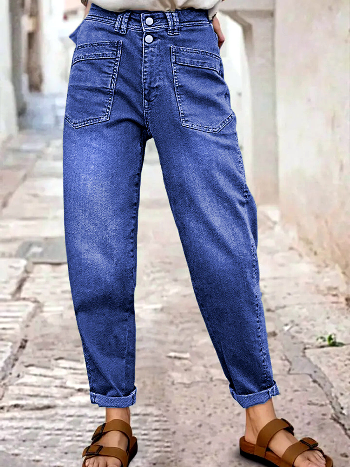 Women's Stretch Denim Mid-Rise Straight-Leg Pocket Jeans in Blue - product view